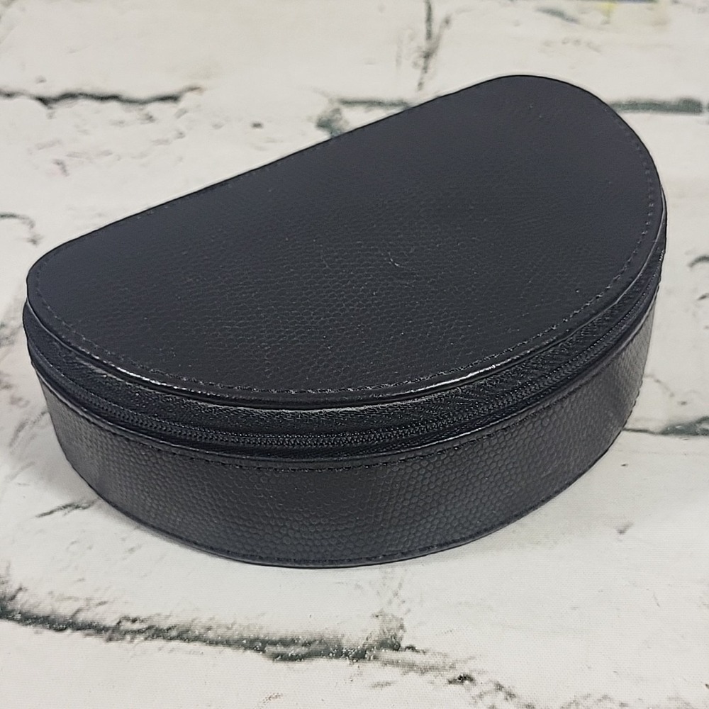 Vintage Travel Jewelry Box Zippered Case Black Embossed Snake Texture Semicircle